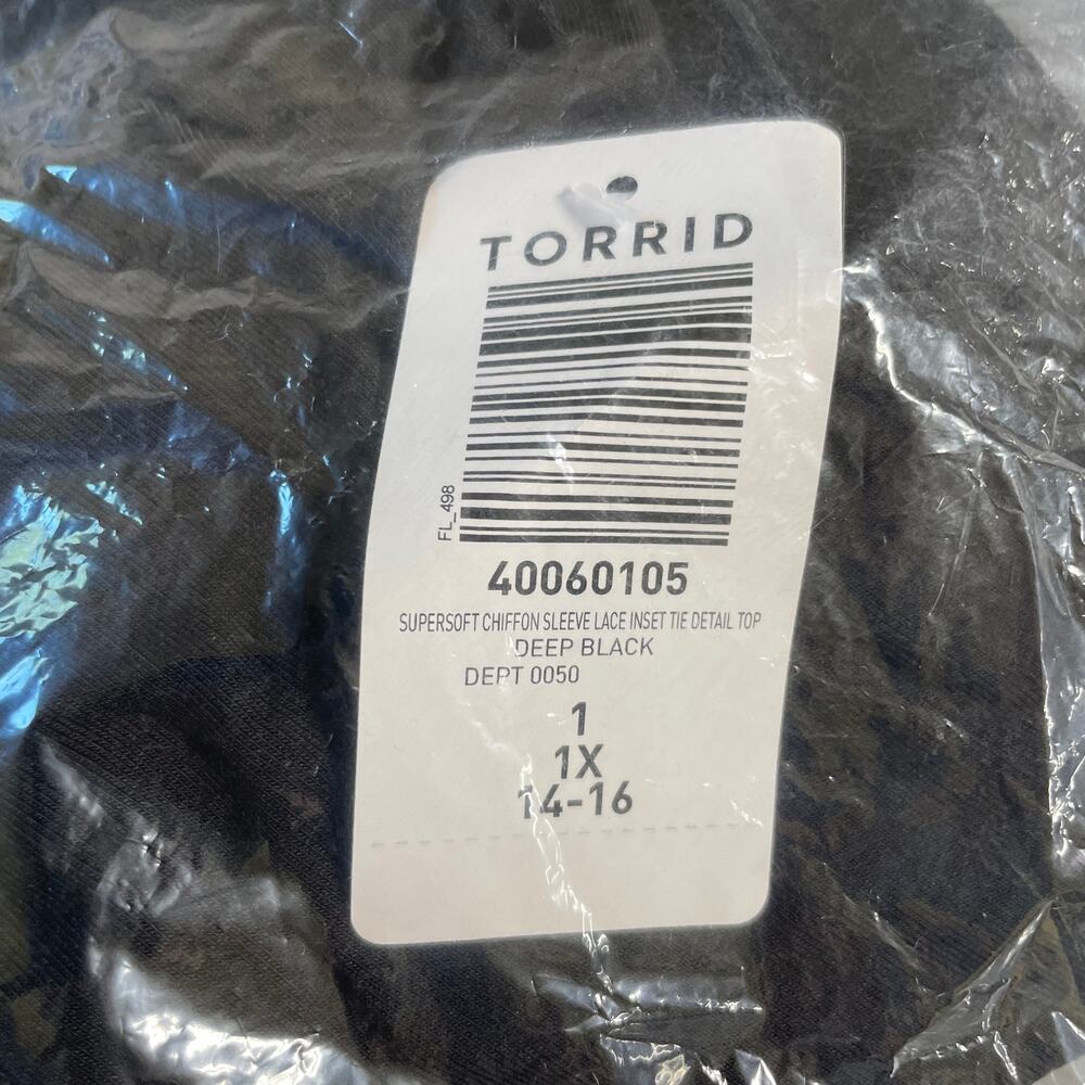 Torrid NWT Super Soft Chiffon Sleeve Lace Inset Tie Detail Top Black Size 1X - Picture 7 of 7